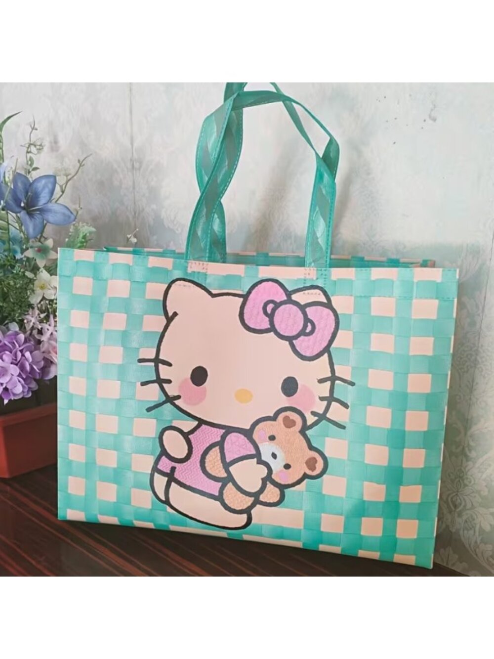 Hello Kitty Plaid Tote Bag Large Capacity Shoulder Handbag Storage Shopping